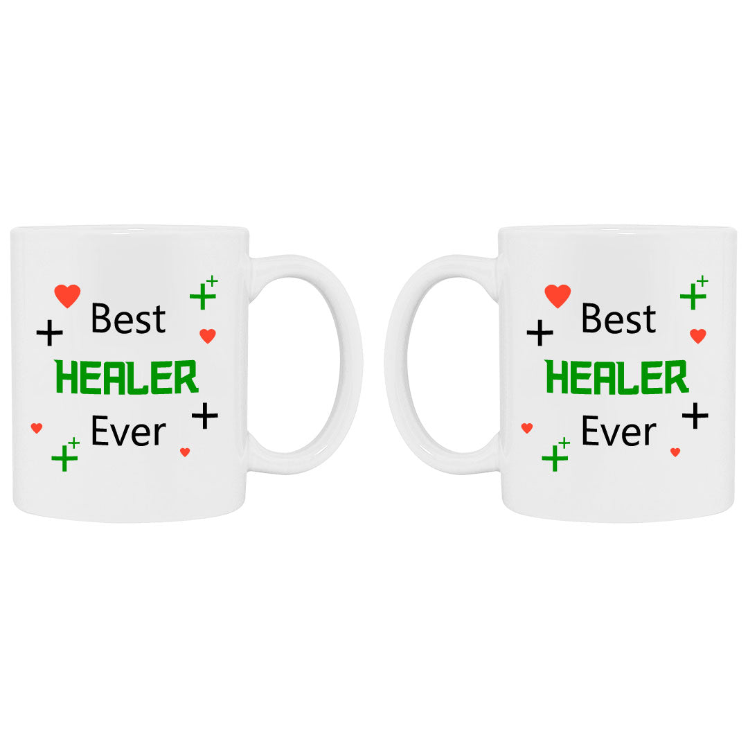 Front and back gaming coffee cup that says best healer ever