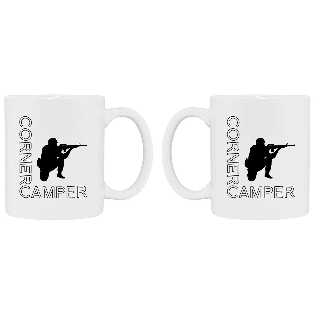 Coffee mug that shows a soldier camping next to the words corner camper
