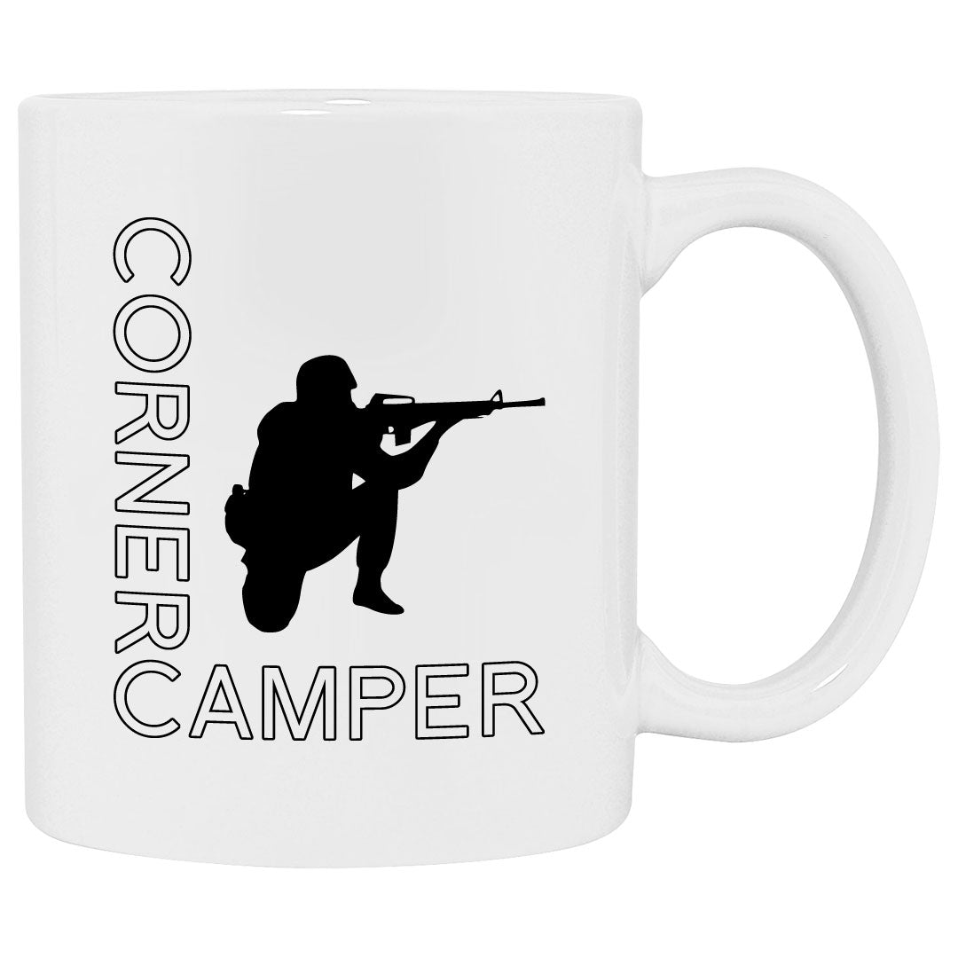 Funny gaming mug showing a soldier corner camping