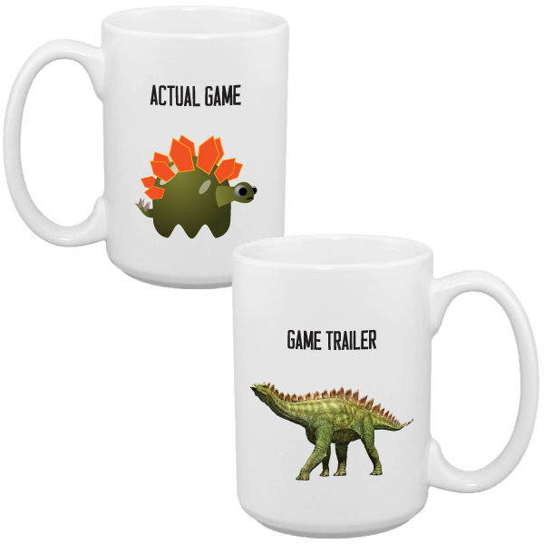 Funny gaming mug that shows game trailer graphics versus the actual game