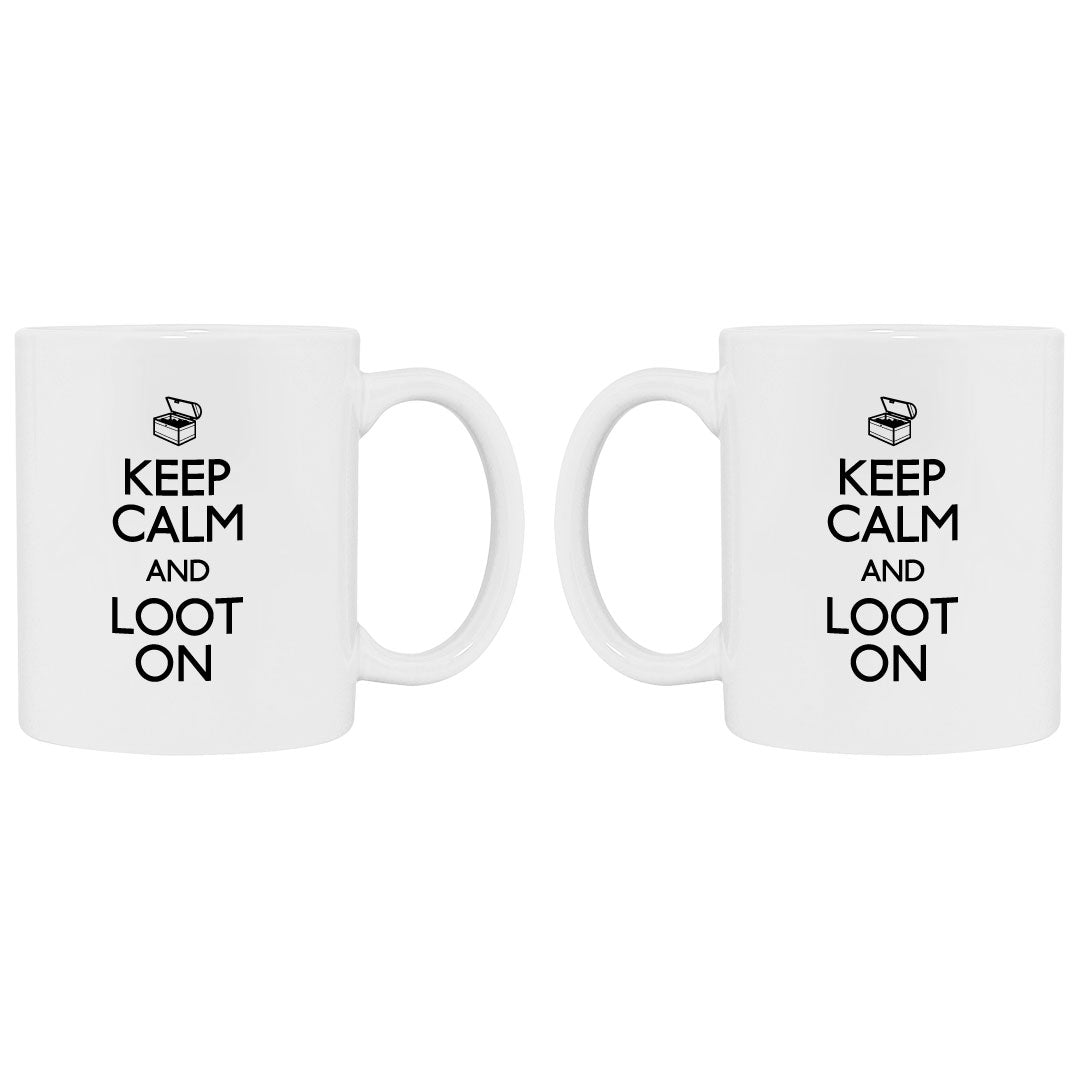 Funny mug telling gamers to keep calm and loot on