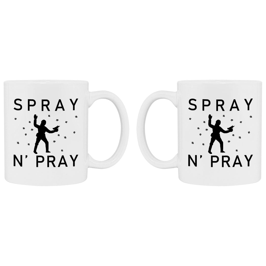 Funny gaming mug showing bullet holes around a target that says spray and pray