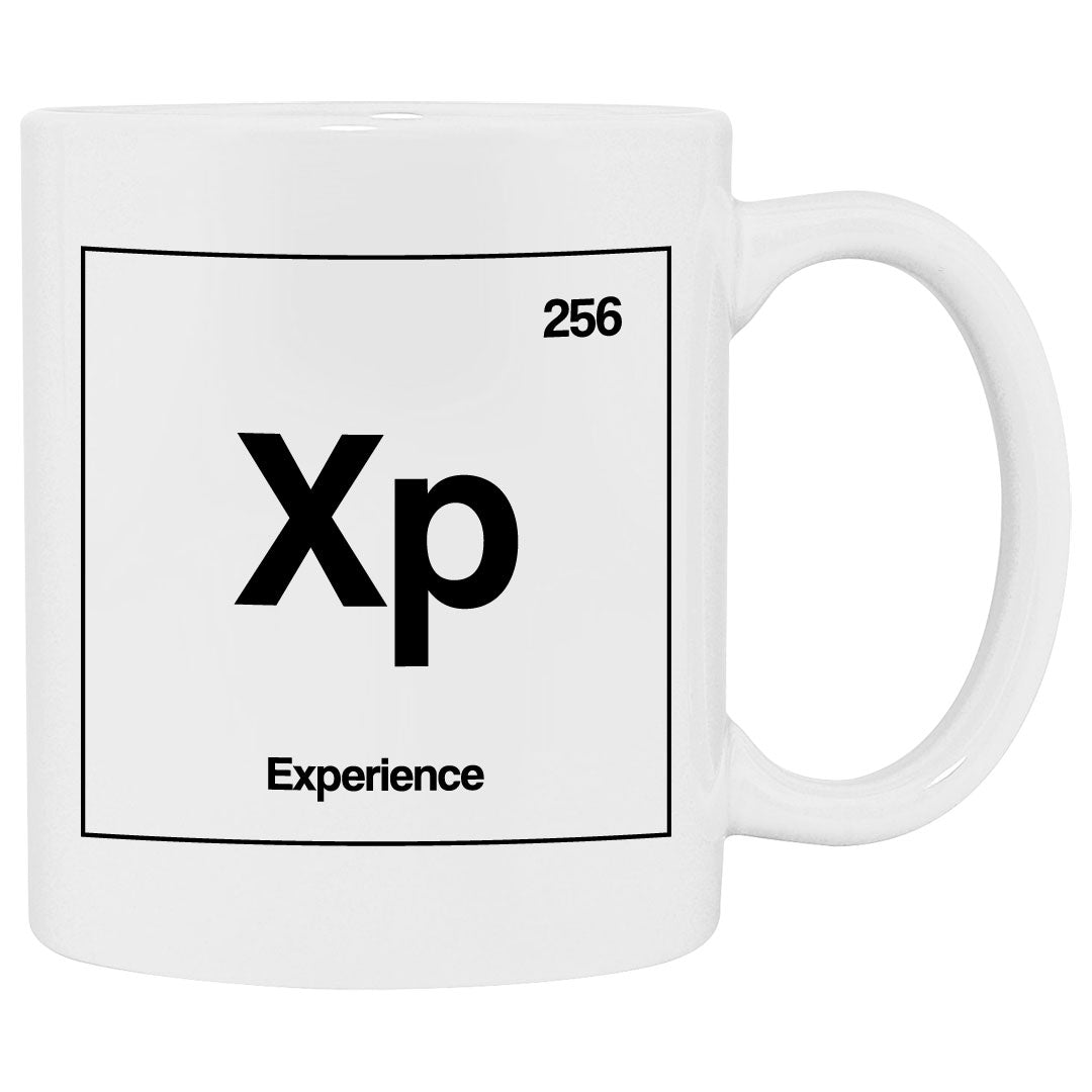 Gamer mug that shows xp as an element of the periodic table